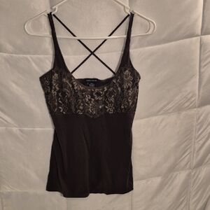 Moda International Brown X Back Back Tank With Lace Bodice Size S VGUC